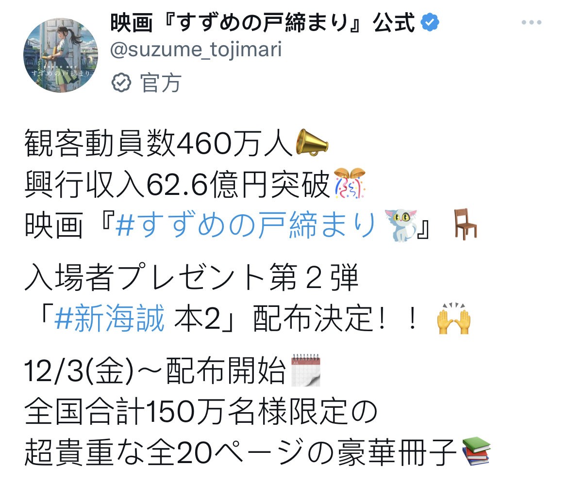 《铃芽户缔》观影人数达460万人，票房突破62.6亿日元