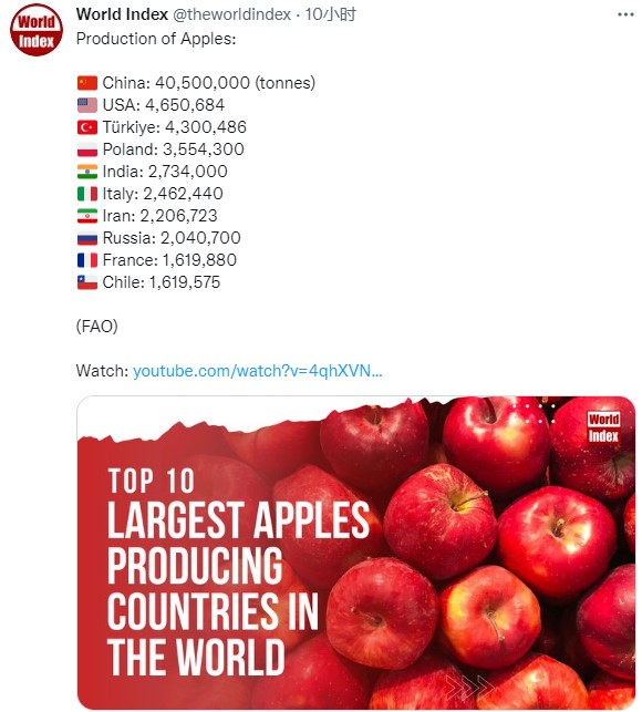 世界之最：世界上十个苹果产量最多的国家