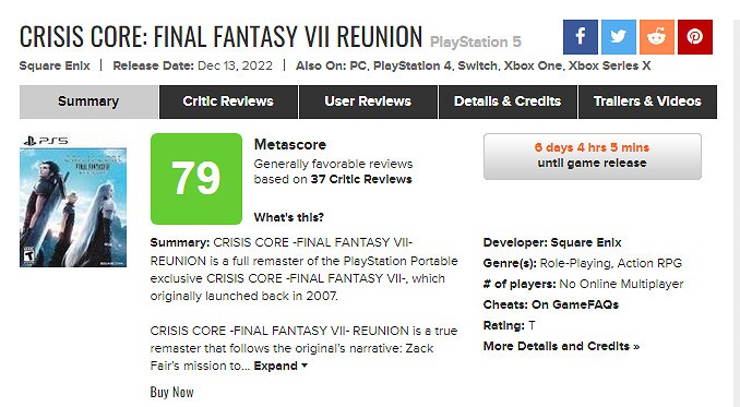 《最终幻想7核心危机 重聚》全球媒体评分解禁！MC均分79