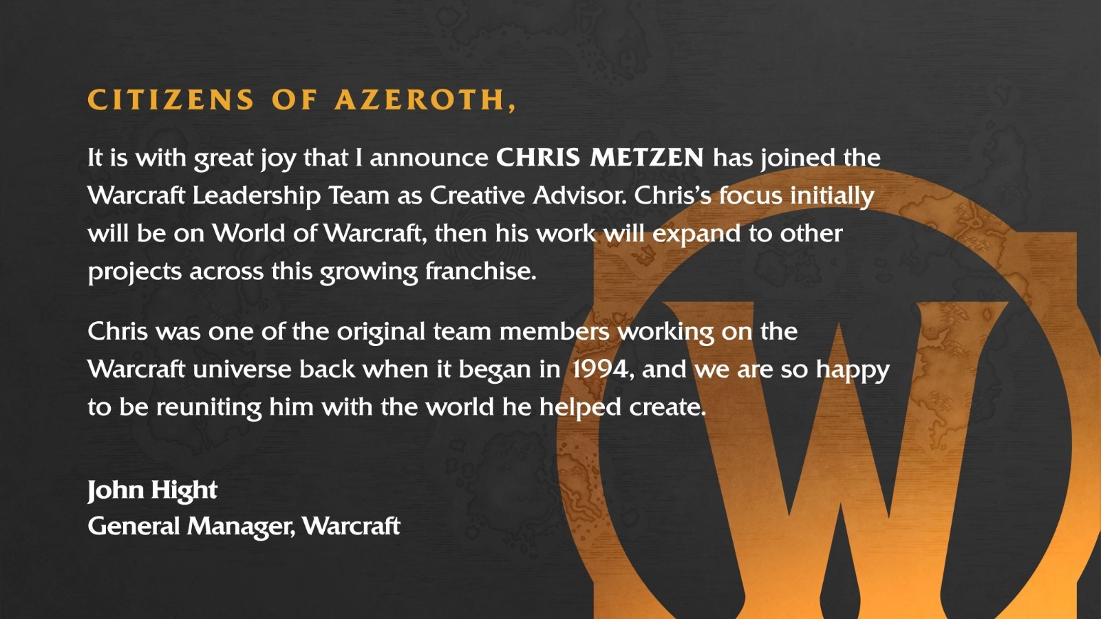 《魔兽世界》传奇设计师Chris Metzen宣布 将作为创意顾问回归暴雪！