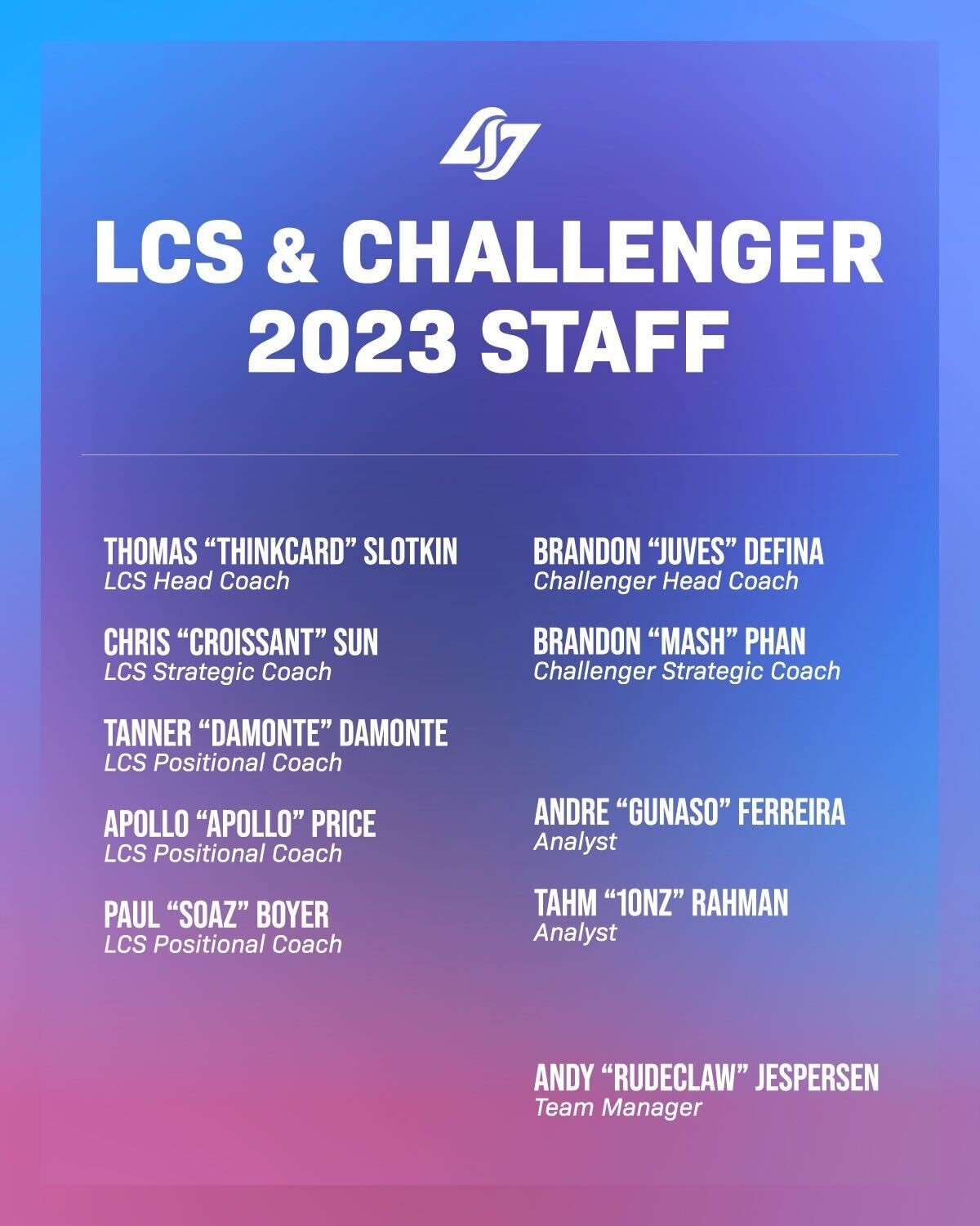 LCS赛区CLG战队公布新赛季教练大名单：传奇上单sOAZ出任教练