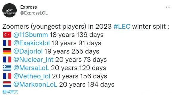 LEC联赛2023冬季赛年轻选手盘点：最小仅为18岁139天
