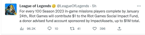 LOL外服开展公益活动：玩家只需要完成游戏内的任务，拳头就会向基金会捐款