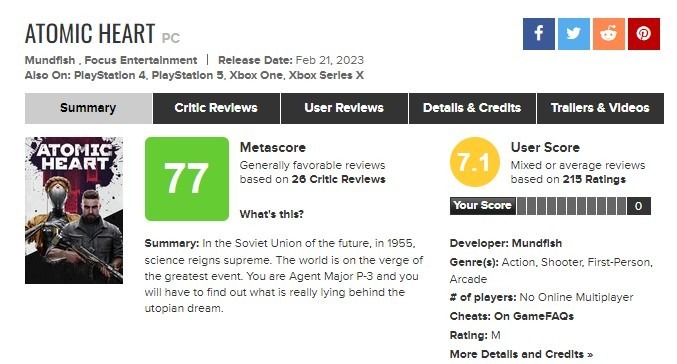 《原子之心》M站评分出炉！玩家评论均分6.6分