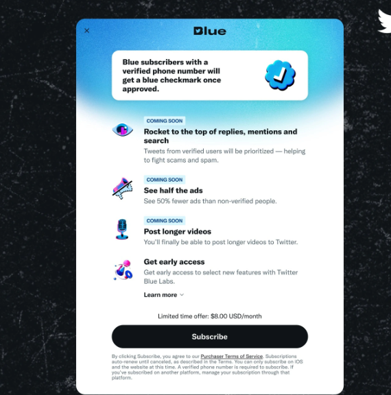 Twitter Blue订阅服务上线：每月8美元 / 每年84美元