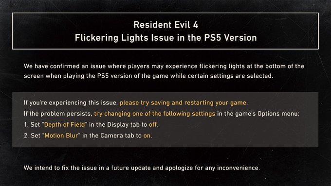 卡普空宣布将在更新中修复《生化危机4 重制版》PS5版的灯光闪烁的图形问题
